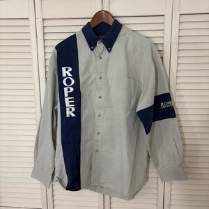 Roper Logo Gear Long Sleeve Button Down Shirt Men Large Blue Tan Vintage Western